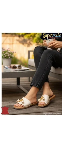 Papuci dama casual din piele naturală cu accesorii decorative