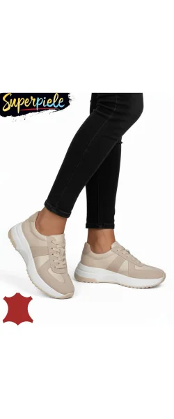 Pantofi casual damă piele naturală cu inserție de piele întoarsă,talpă groasă, închidere cu șireturi