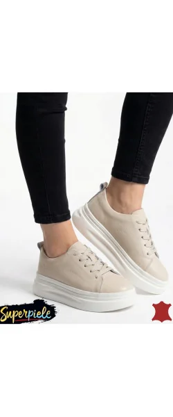 Pantofi casual din piele pentru femei, cu șireturi și vârf rotund