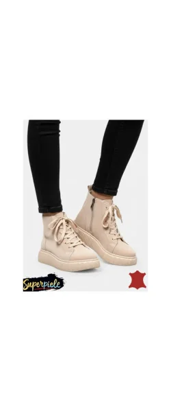 Ghete de damă beige Leather, casual, din piele, cu șireturi și fermoar.