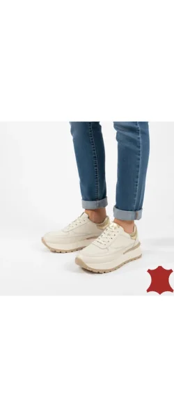 Pantofi casual beige Leather și aurii pentru femei, din piele, cu talpă groasă și confortabilă