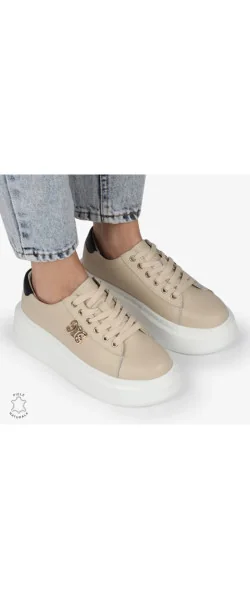 Pantofi sport damă beige Leather din piele cu inserții aurii și aplicații metalice |NESKY|