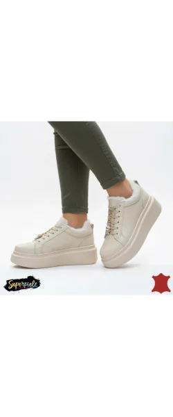 Pantofi casual beige Leather pentru femei din piele, cu talpă înaltă și dantelă decorativă, căptușiți cu blană, T-7011