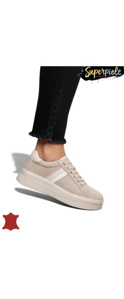 Sneakers din piele naturală – talpă 4 cm, închidere cu șiret