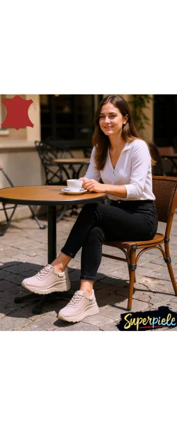 Sneakers din piele naturală & piele întoarsă – talpă groasă 5 cm