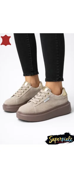Pantofi casual dama beige Leather din piele naturala intoarsa cu talpa groasa de 5 cm