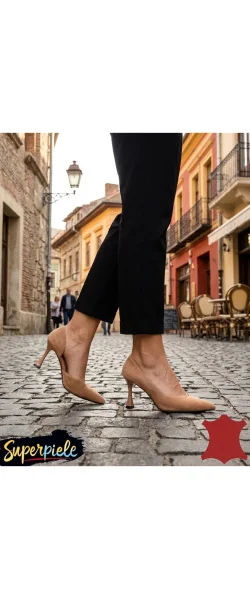 Pantofi eleganți beige Leather din piele naturală întoarsă – toc subțire, vârf ascuțit