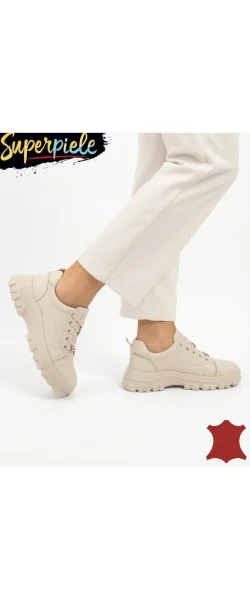 Sneakers beige Leather damă piele naturală super ușori și comozi