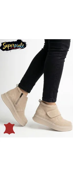 Ghete beige Leather pentru femei din piele întoarsă cu detalii rafinate | MORADY