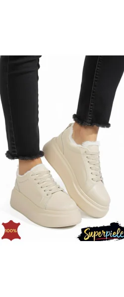 Pantofi casual beige Leather, din piele, cu talpă înaltă și căptușeală din blană, pentru iarnă