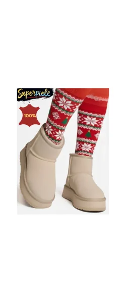Ghete de damă beige Leather din piele întoarsă naturală, căptușite cu shearling (model UG)