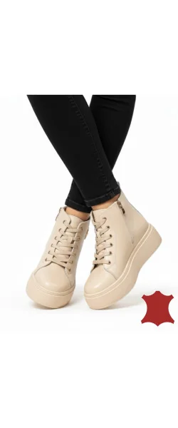 Ghete dama piele naturala beige Leather imblanite cu accesoriu metalic