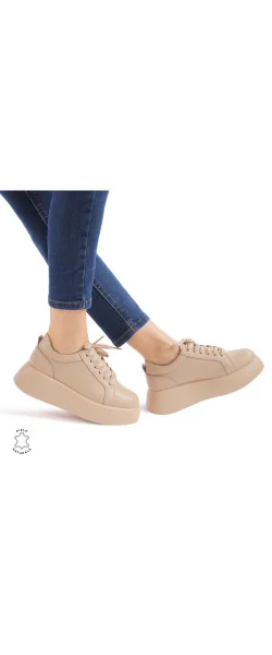 Pantofi casual piele naturala cu talpa inalta CRL881 Beige Leather