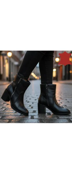 Ghete elegante din piele neagră cu toc gros SN-5001