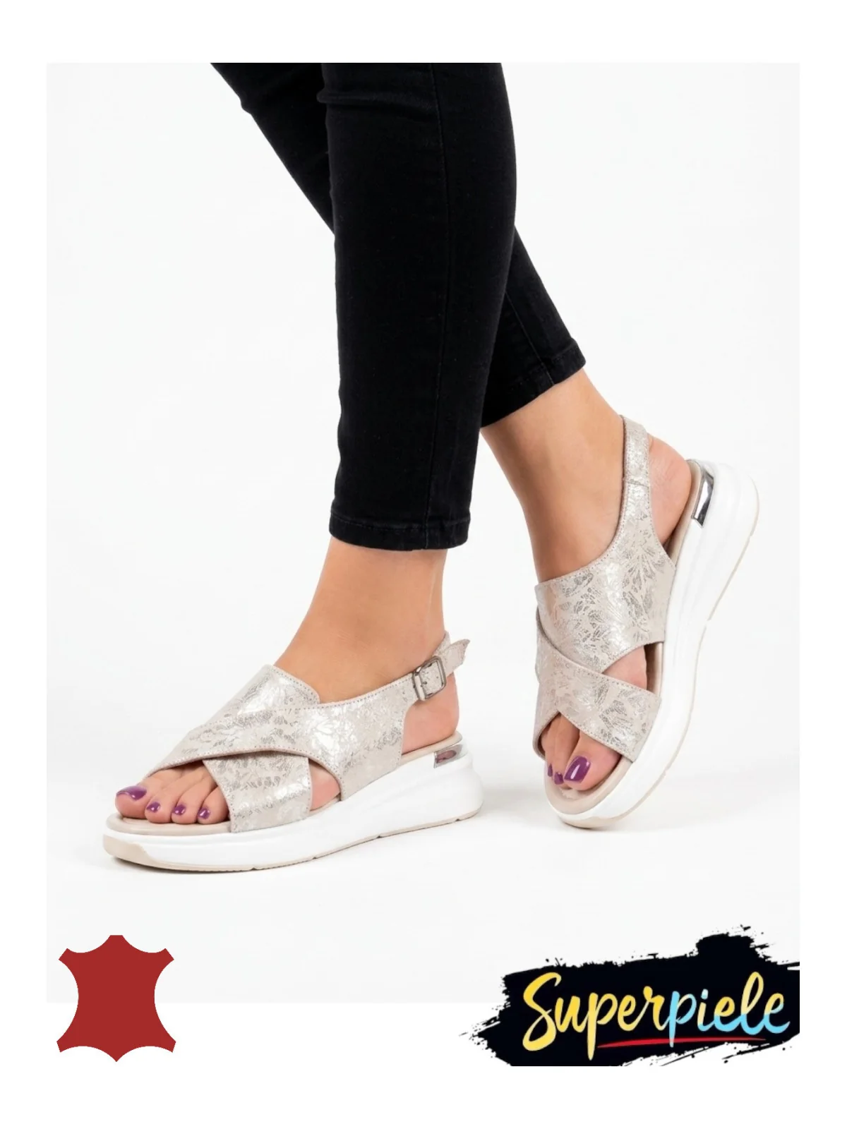 Sandale dama piele naturala intoarsa cu model floral si talpa groasa