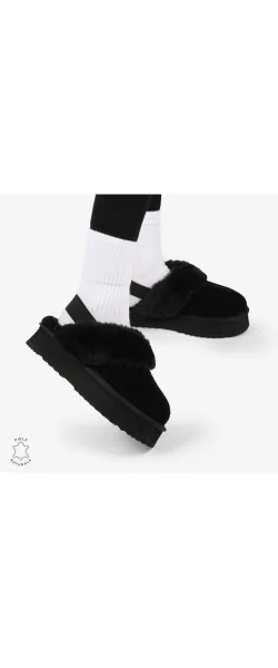 Papuci de iarnă pentru femei din piele naturală cu elastic în spate CRL12691 Culoare Black Leather