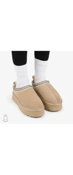 Papuci de iarnă cu talpă înaltă din PIELE ÎNTOARSĂ NATURALĂ CRL12681 CULOARE Beige Leather