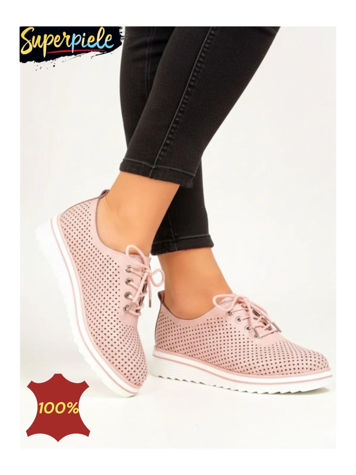 Pantofi casual din piele pentru femei, cu șireturi și perforații