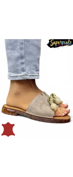 Papuci dama casual din piele naturală cu accesorii decorative